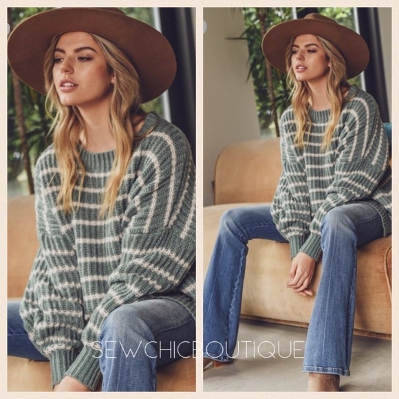 Last one!! Sage Cozy Bulky Striped Warm Sweater - Picture 3 of 6